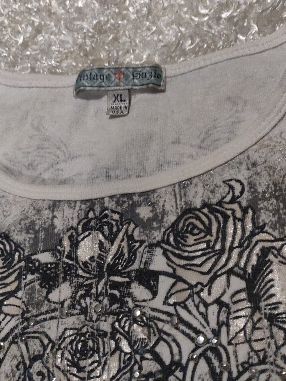 Women’s Graphic White Floral Three Quarter Sleeve Top Vintage Suzie Size L - Picture 2 of 11